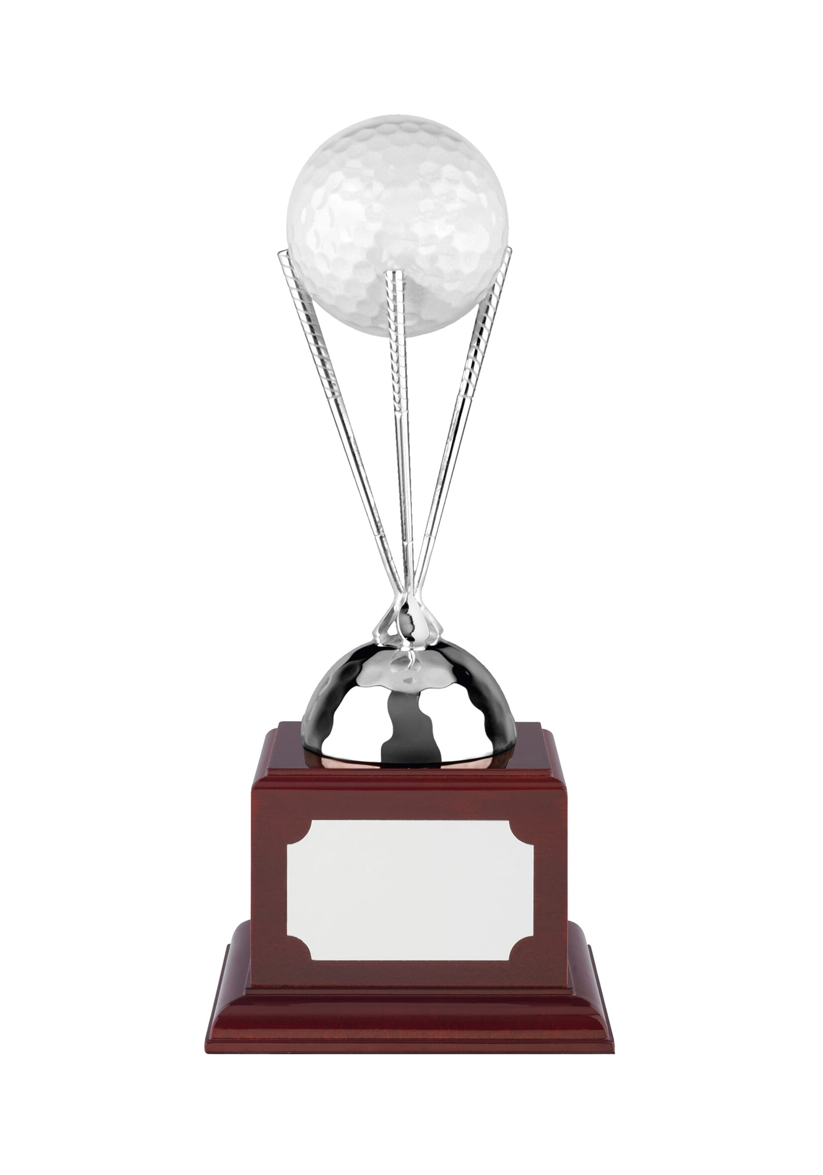 Nickel plated golf ball holder trophy with three golf clubs tapered to hold a golf ball, mounted on a square rosewood finish base with an engraving plate
