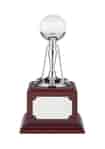 Tall nickel plated golf ball holder with golf club detail mounted on a square rosewood finish base with enraving plate
