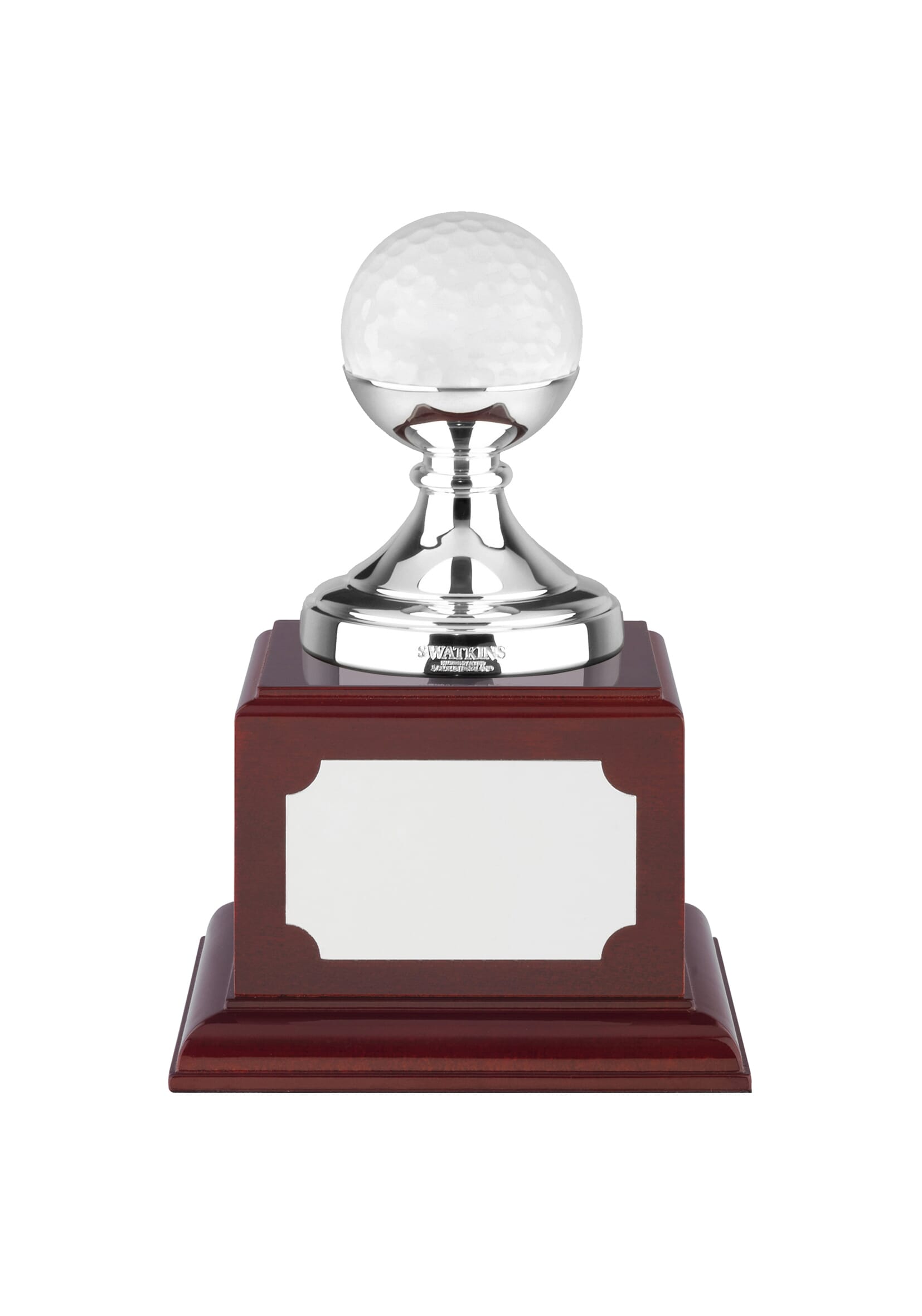 Nickel plated golf ball holder mounted on a square rosewood finish base with an engraving plate