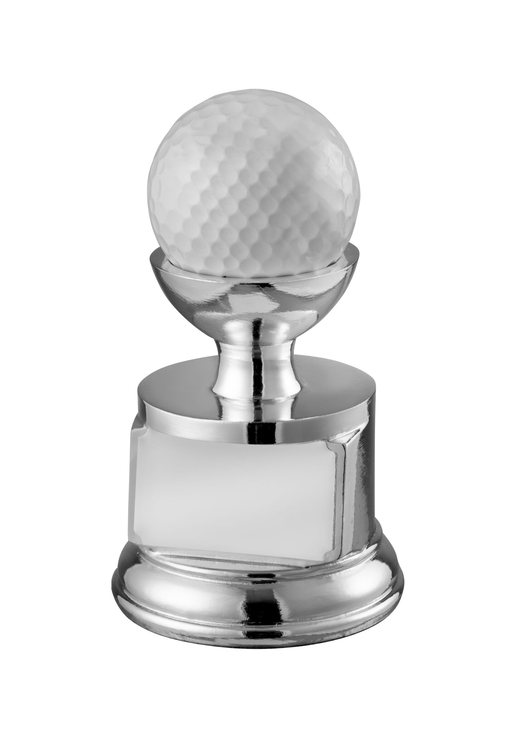 Simple silver finish resin golf ball holder trophy mounted on a rounded base with space for an engraving plate