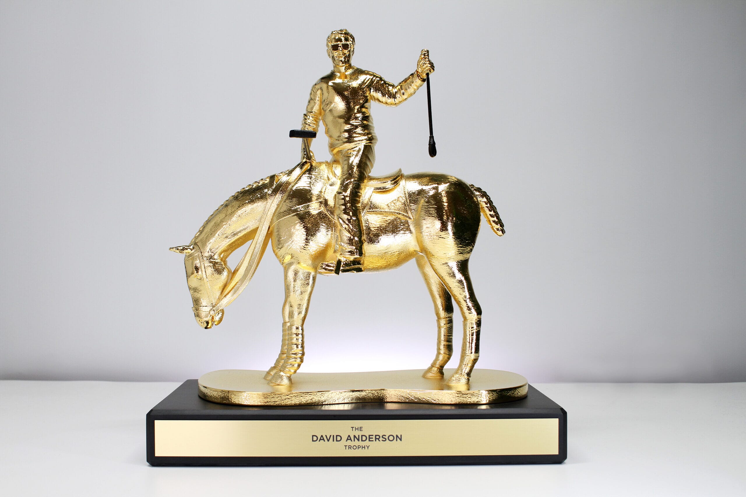 David Anderson Trophy, a 3D printed gold plated horse with David Anderson sat upon it
