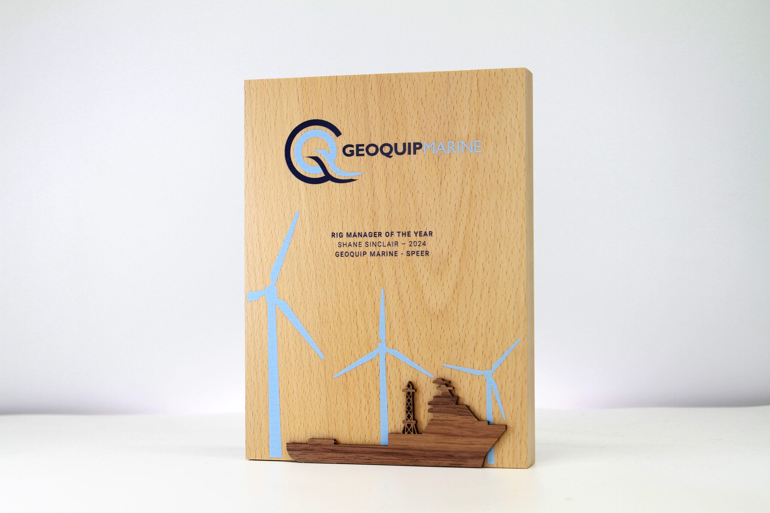 Sustainably sourced beech tablet with colour printed logo and graphics. Featuring a mahogany veneer facia in the shape of a ship.